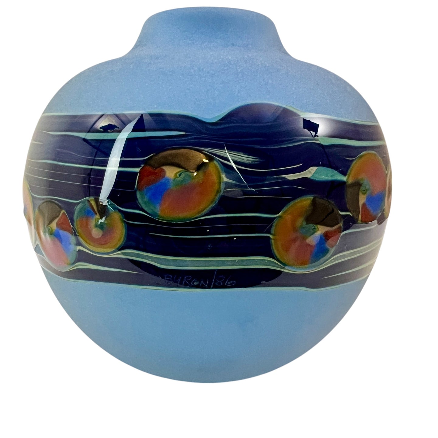 J. Byron Round Blue Art Glass Vase