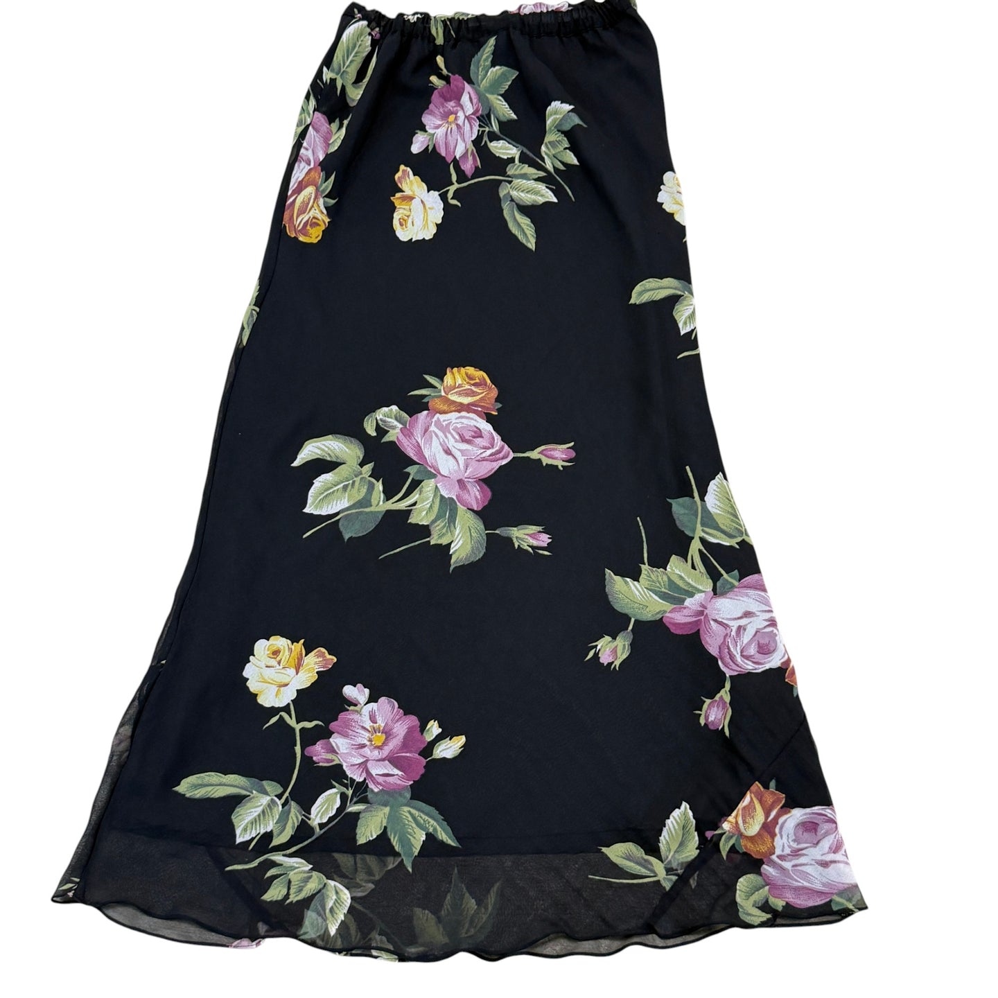 90s Black Floral Pull on Maxi Skirt Size Small