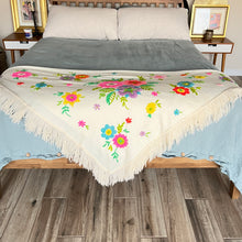 Load image into Gallery viewer, Vintage Canary Island Embroidered Wool Floral Blanket 51x55&quot;
