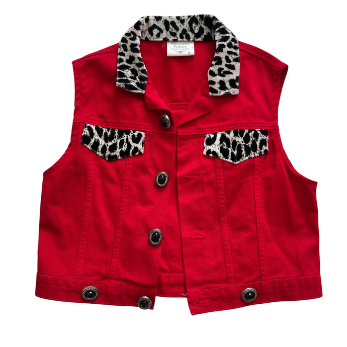 Vintage 80s Red Denim Vest Animal Print Accents