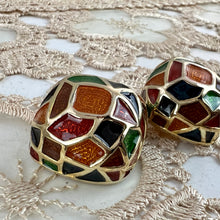 Load image into Gallery viewer, Vintage 80s Maresca Gold Plated Orange Green Red Blue Enamel Clip Earrings 1.5&quot;
