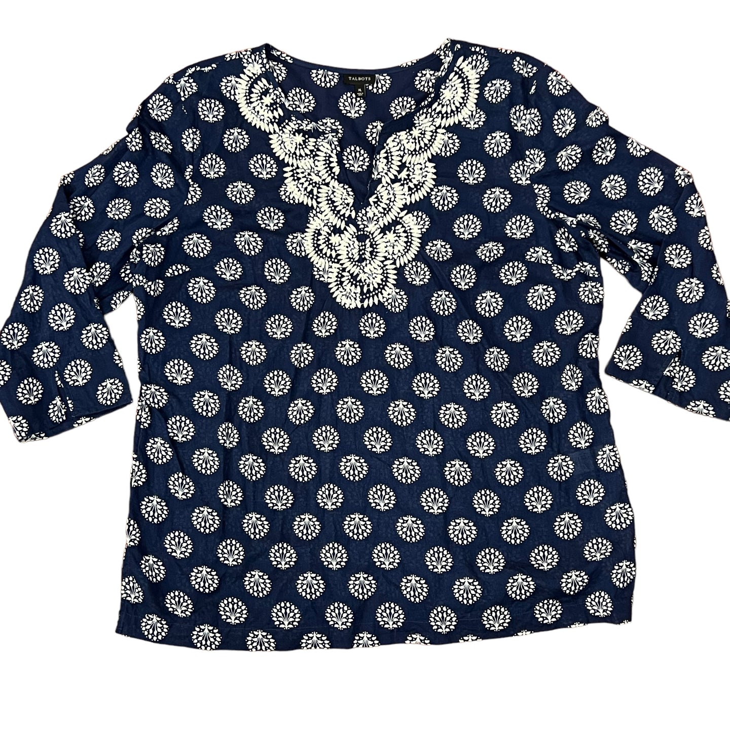 Talbots 100% Cotton Embroidered Beaded Navy Blue Tunic Size XL