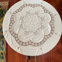 Load image into Gallery viewer, Vintage Embroidered Round Linen Tablecloth 64.5&quot;
