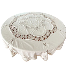 Load image into Gallery viewer, Vintage Embroidered Round Linen Tablecloth 64.5&quot;

