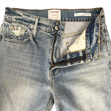 Load image into Gallery viewer, Frame Le Sylvie High Rise Straight Leg Denim Jeans Size 29. Whiskered, slightly distressed design. Double button and zipper closure. Made in the USA. Retail MSRP: $275.
