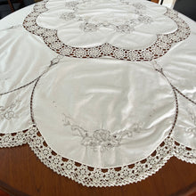 Load image into Gallery viewer, Vintage Embroidered Round Linen Tablecloth with Scalloped Edges 64.5&quot;

