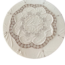 Load image into Gallery viewer, Vintage Embroidered Round Linen Tablecloth with Scalloped Edges 64.5&quot;
