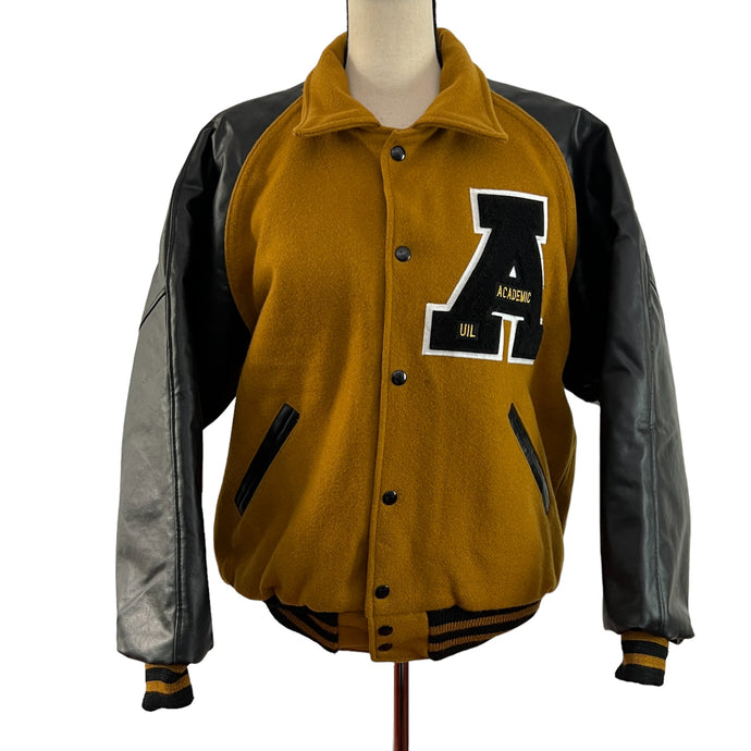Vintage Leather Letterman Jacket Black and Mustard Yellow Size Medium