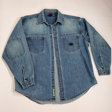 Load image into Gallery viewer, VTG 90&#39;s Bugle Boy Denim Shacket w Elbow Patches &amp;  Chest Pockets Size Large
