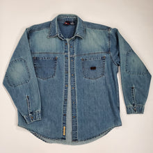 Load image into Gallery viewer, VTG 90&#39;s Bugle Boy Denim Shacket w Elbow Patches &amp;  Chest Pockets Size Large
