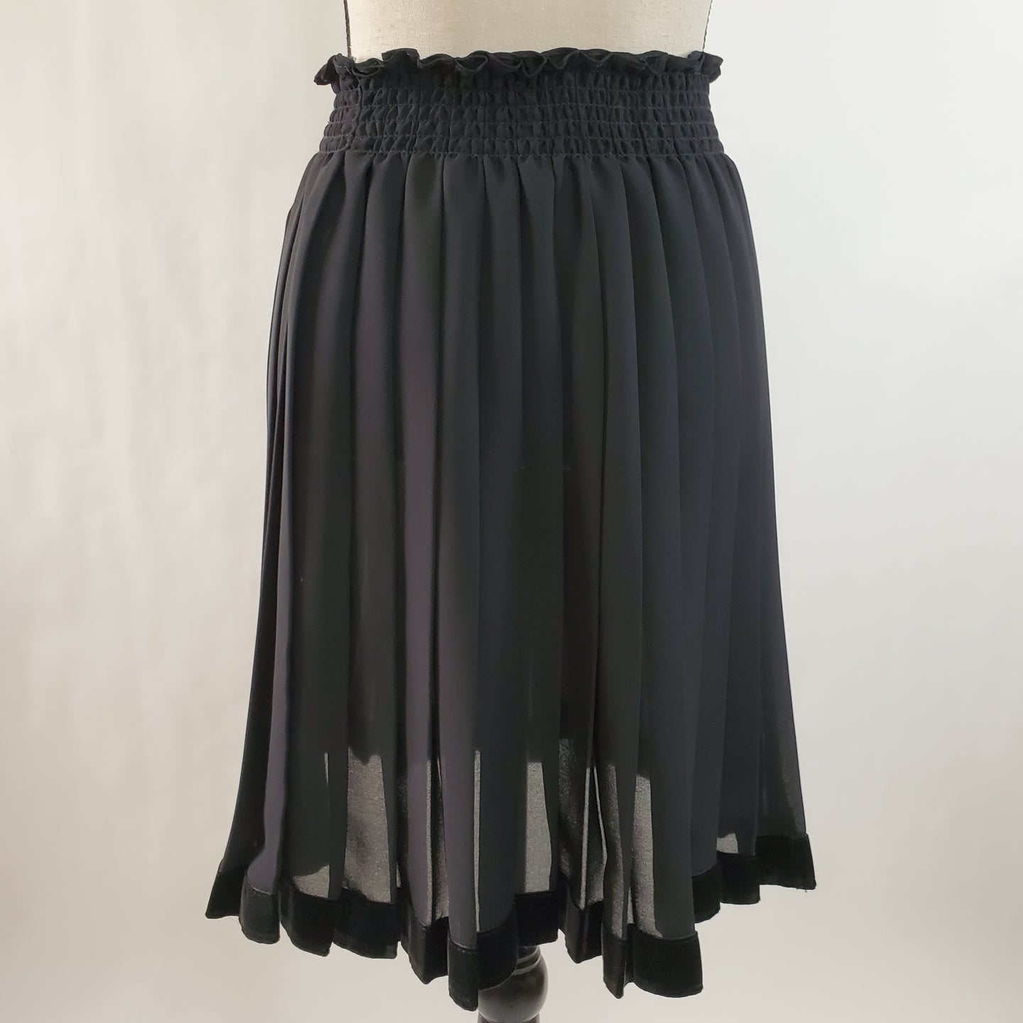 Vintage Black Pleated Sheer Womens Skirt with Velvet Trim - One Size