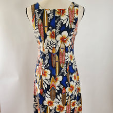 Load image into Gallery viewer, Vtg Hawaiian Print Shift Dress Hibiscus Surfboard Pattern Sz Small 100% Cotton

