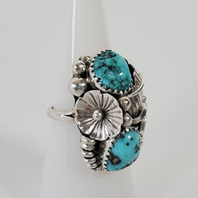 Load image into Gallery viewer, Native American Turquoise Ring 6.5 Sterling Silver Floral Leaf Design
