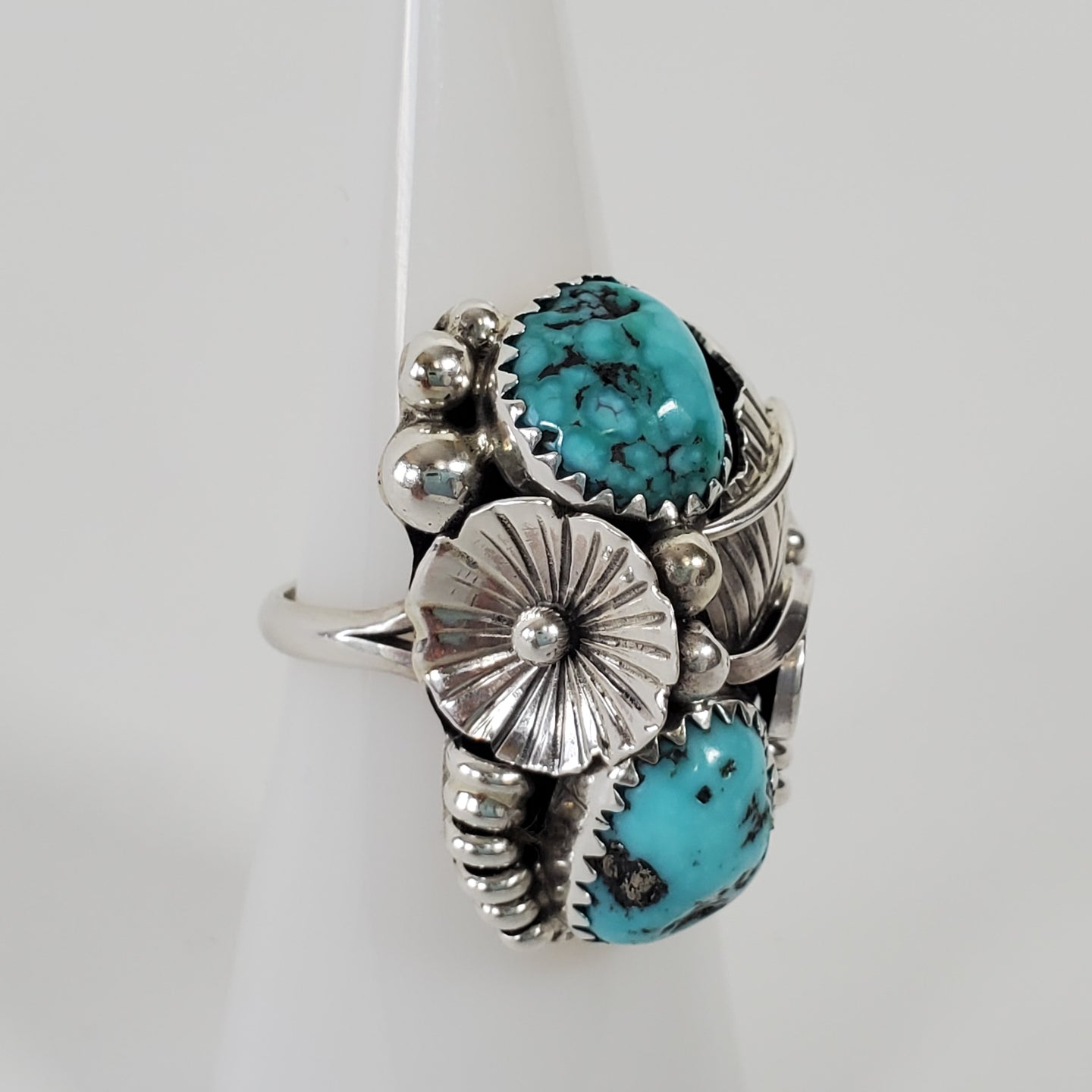 Native American Turquoise Ring 6.5 Sterling Silver Floral Leaf Design