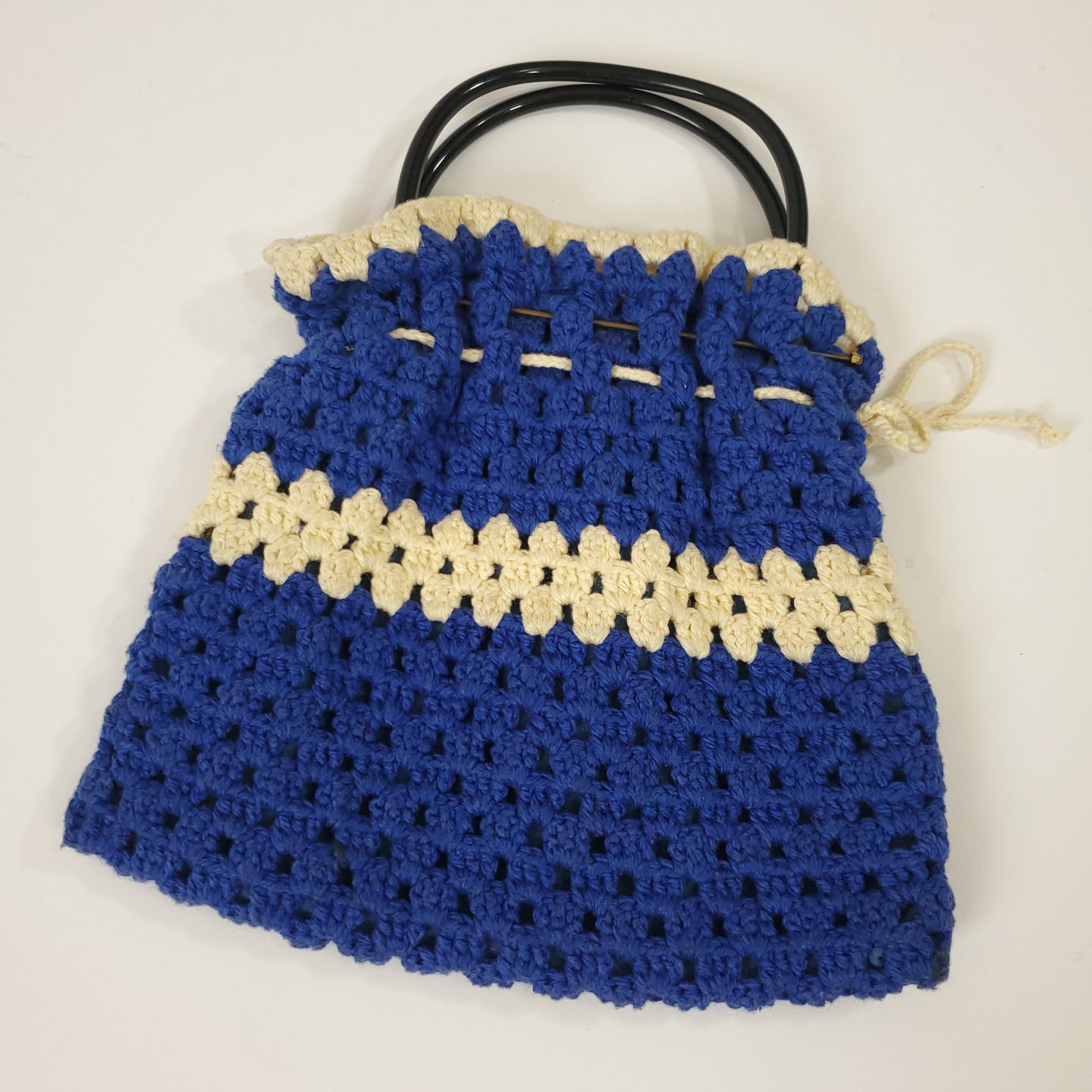 Vintage 70's Knit Purse with Handles Blue & Ivory