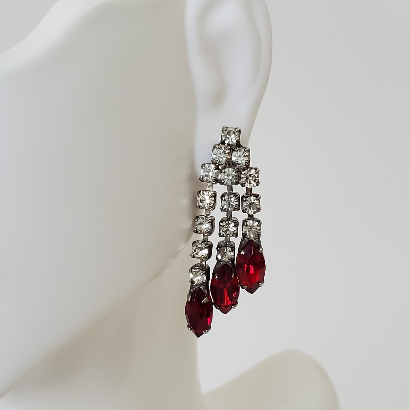 Vintage Rhinestone Drop Earrings with Red Glass Gems