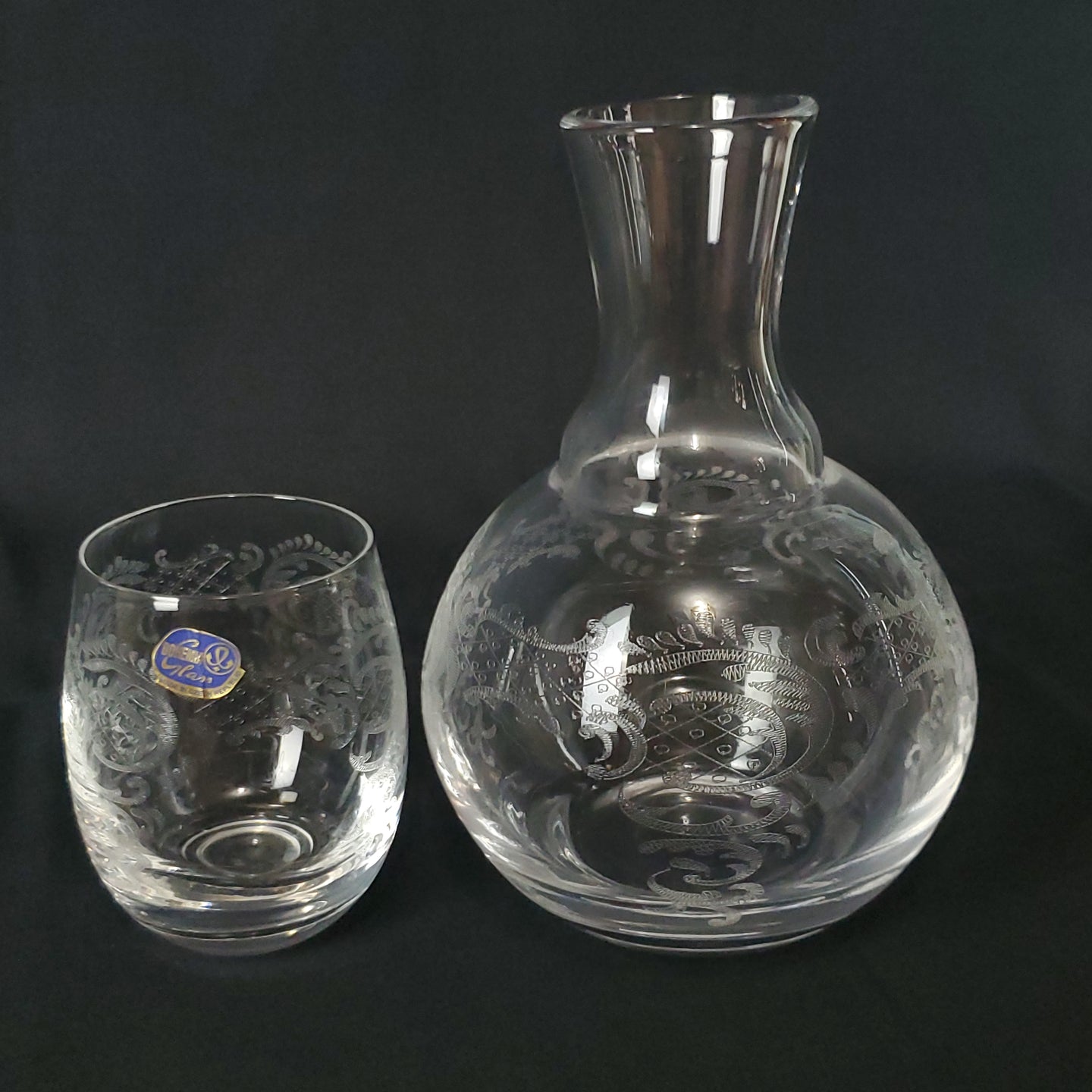 Bohemia Czech Etched Glass Decanter & Matching Glass
