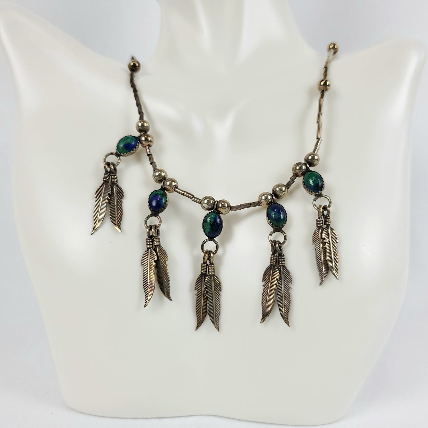 Vintage Native American 925 Bib Necklace with Azurite & Malachite