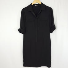 Load image into Gallery viewer, Tahari Black Shirt Dress 3/4 Button Front with Roll Tab Sleeves 
