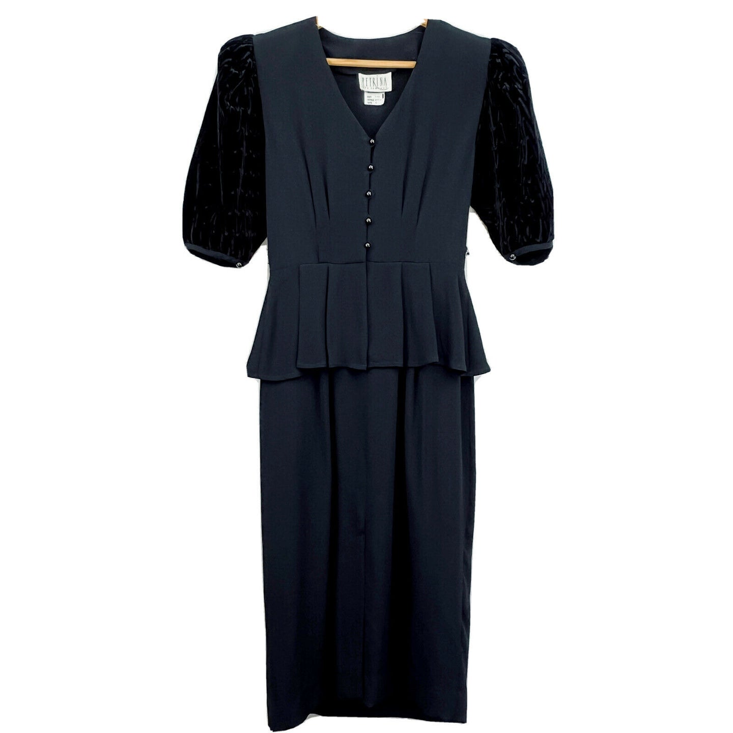 Vintage 80s Dress Peplum & Puff Sleeves Black Size 4
