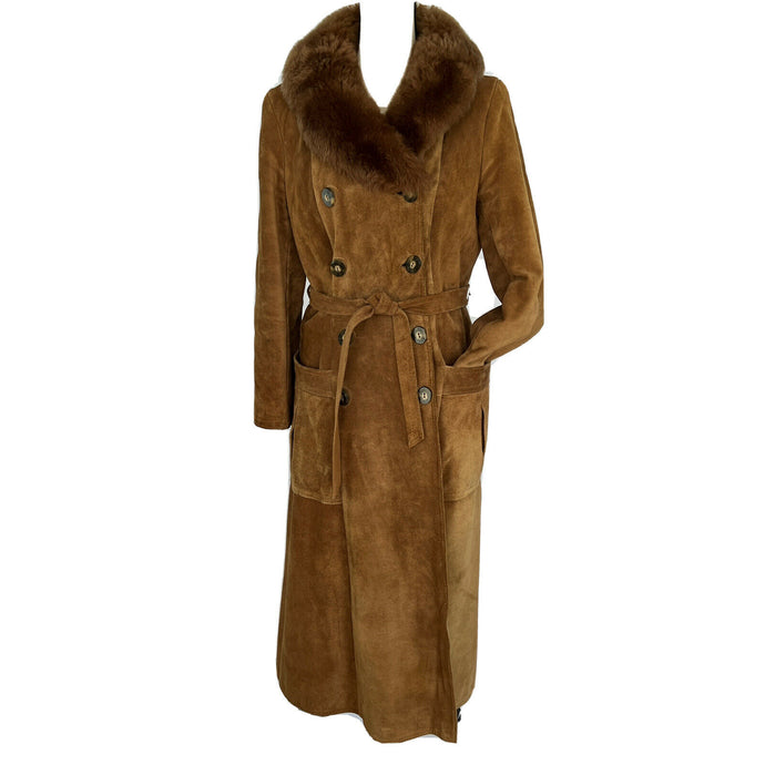 Vintage Penny Lane Long Brown Suede Coat Faux Fur Collar Size Medium