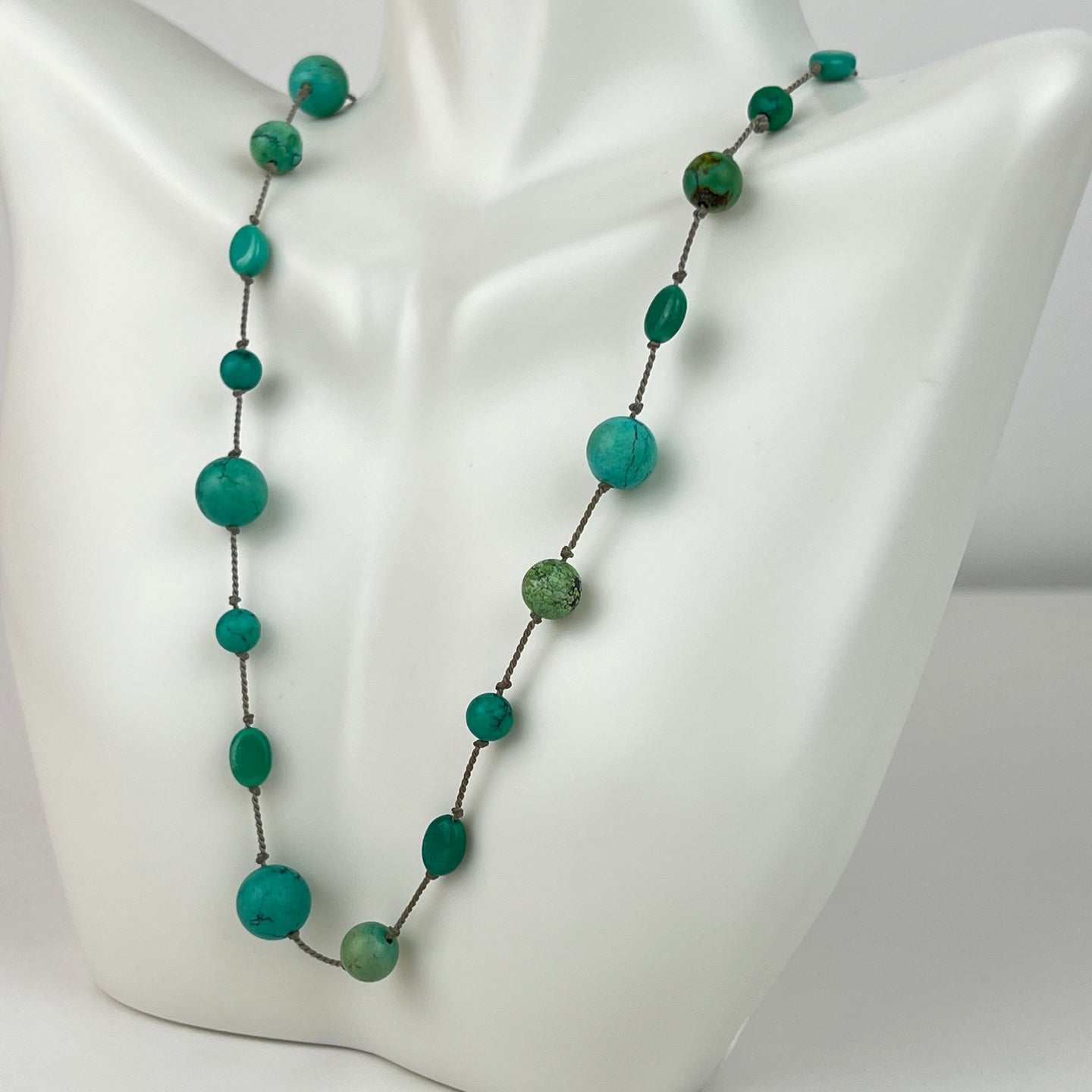 Genuine Turquoise Knotted Bead Necklace 925 Silver Loop Clasp