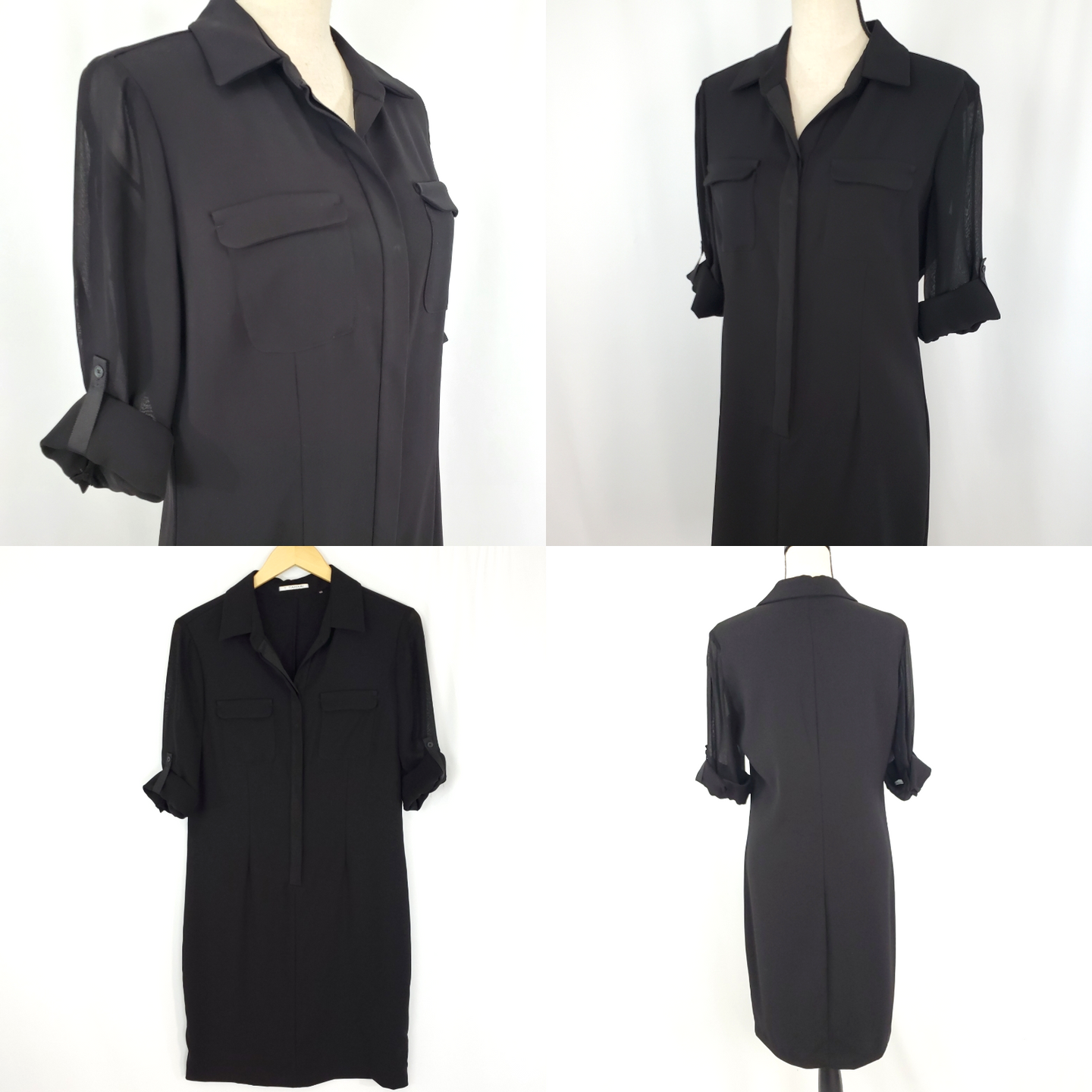 Tahari Black Shirt Dress 3/4 Button Front with Roll Tab Sleeves 