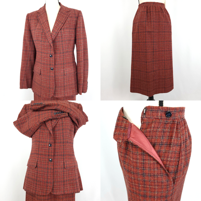 Vintage Plaid Wool Skirt Suit Dark Academia Aesthetic Size Small