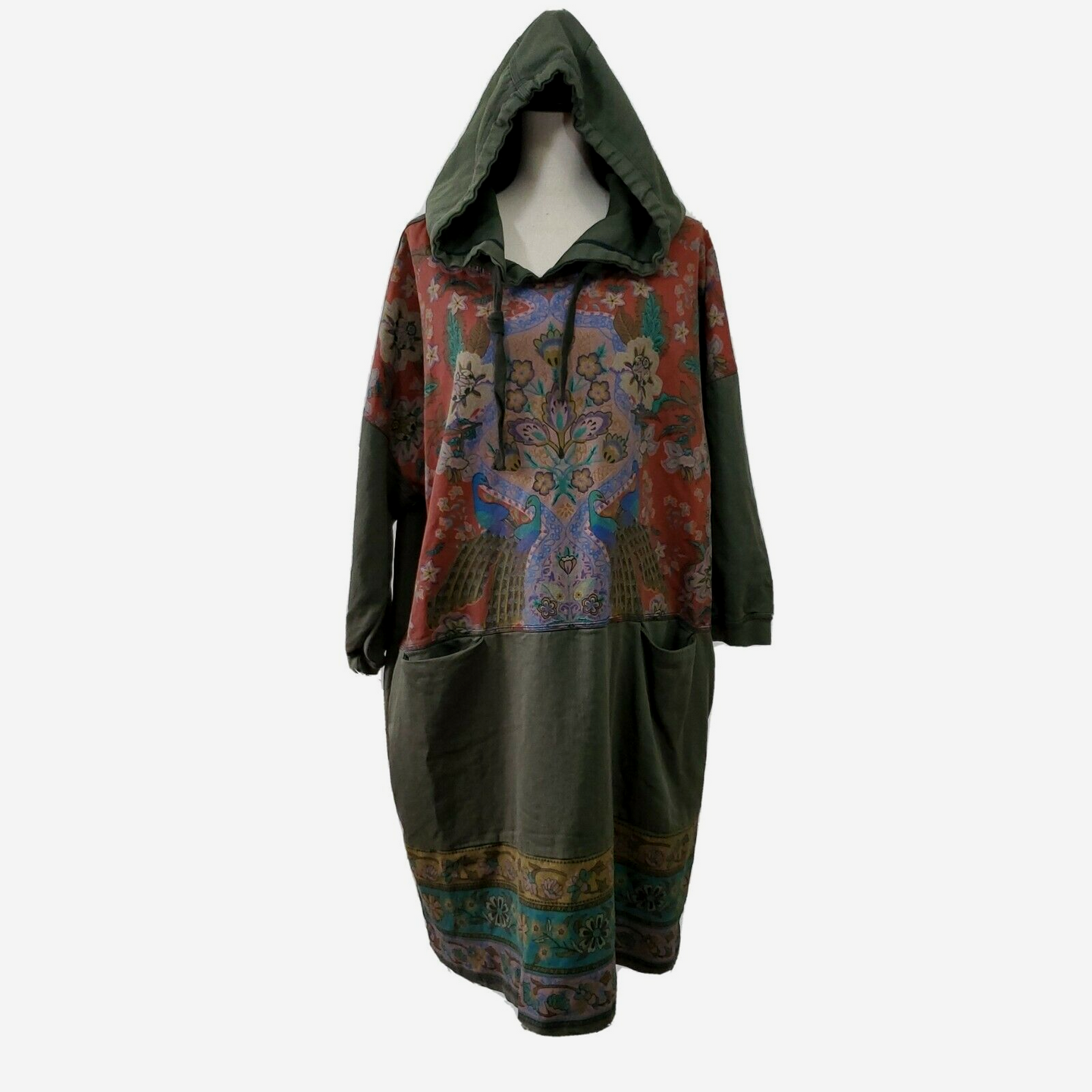 Lagenlook Hooded Dress w Pockets Color-Blocked Stitching Tied Print