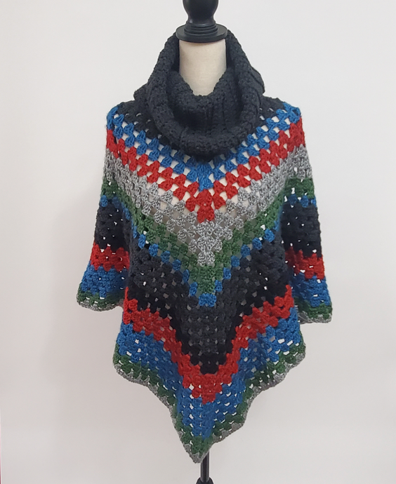 Handmade Chunky Knit Poncho Multi-Color One Size