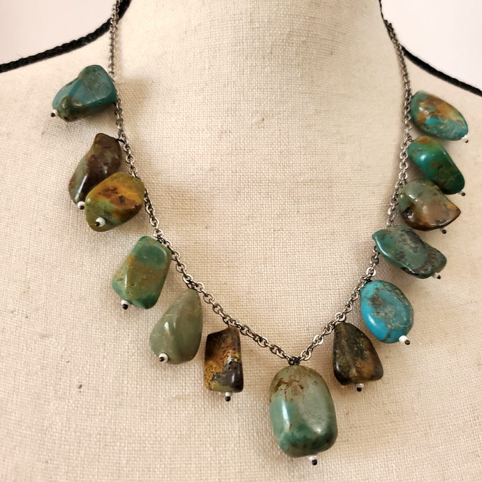 Chunky Turquoise Necklace on Silver Tone Chain 20