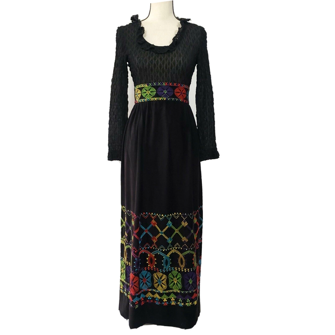 Black Embroidered Empire Waist Maxi Dress  - Size Small