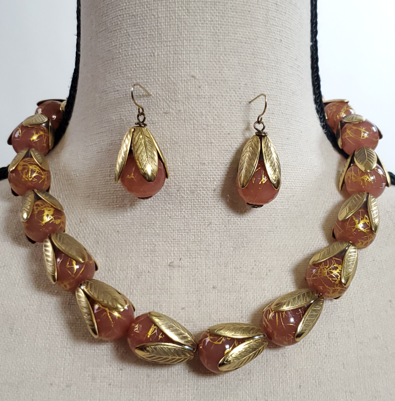 Lenora Dame Gold Foiled Strand Necklace & Earrings w Gold Splattered Beads 18