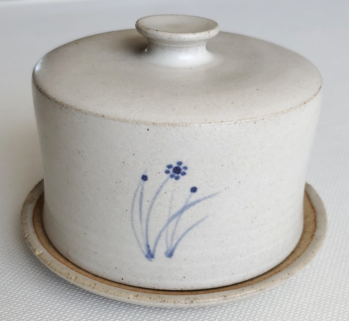 Vintage Stoneware Cheese Dome with Hand-painted Blue Flowers