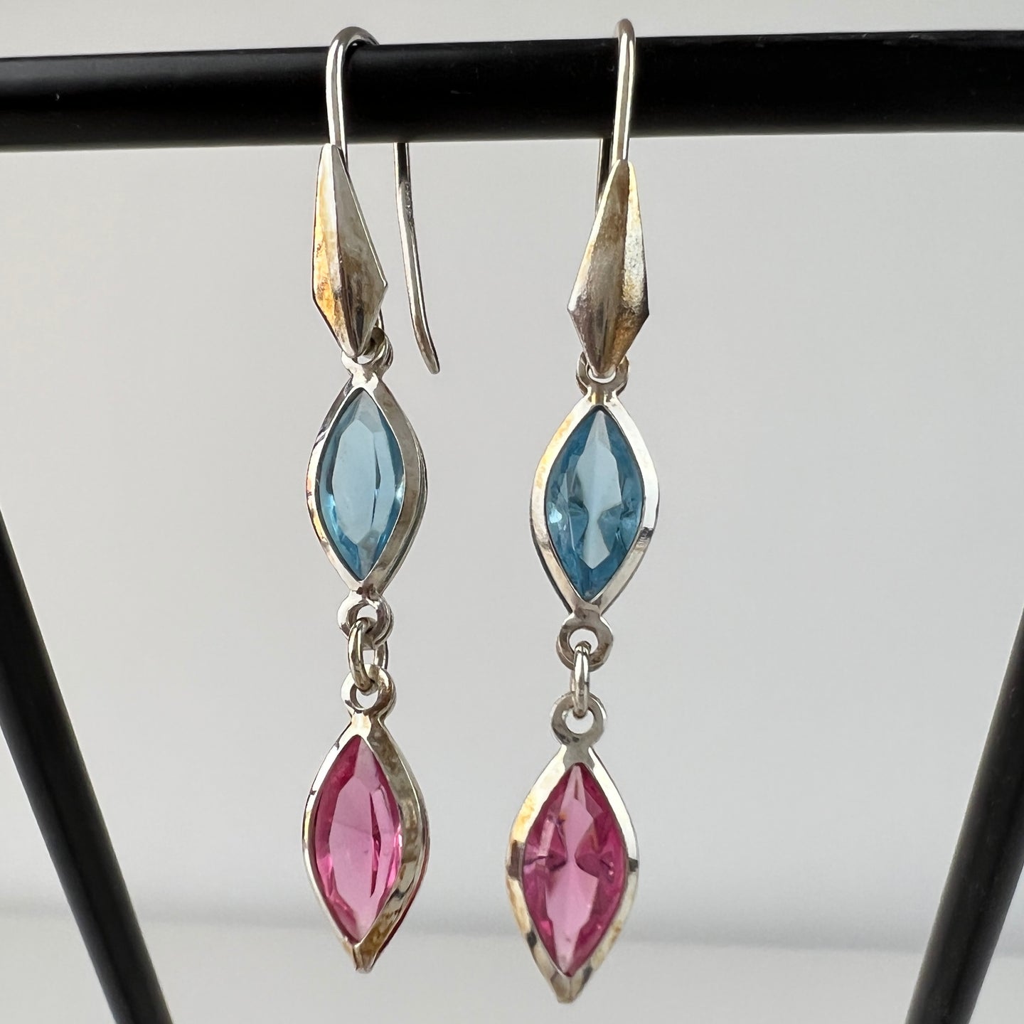 Vintage Italy 925 Dangle Drop Earrings Pink & Blue Colored Glass
