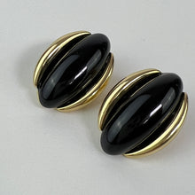 Load image into Gallery viewer, Vintage Monet Black Cabachon Gold Tone Oval Clip on Earrings
