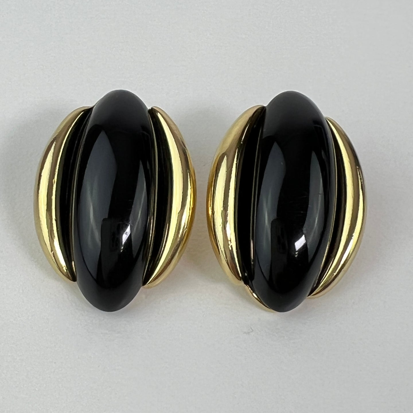Vintage Monet Black Cabachon Gold Tone Oval Clip on Earrings