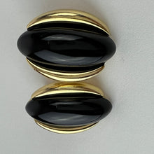 Load image into Gallery viewer, Vintage Monet Black Cabachon Gold Tone Oval Clip on Earrings
