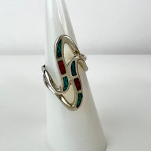 Load image into Gallery viewer, Wave Ring Silver Turquoise &amp; Coral Specs Size 4.5
