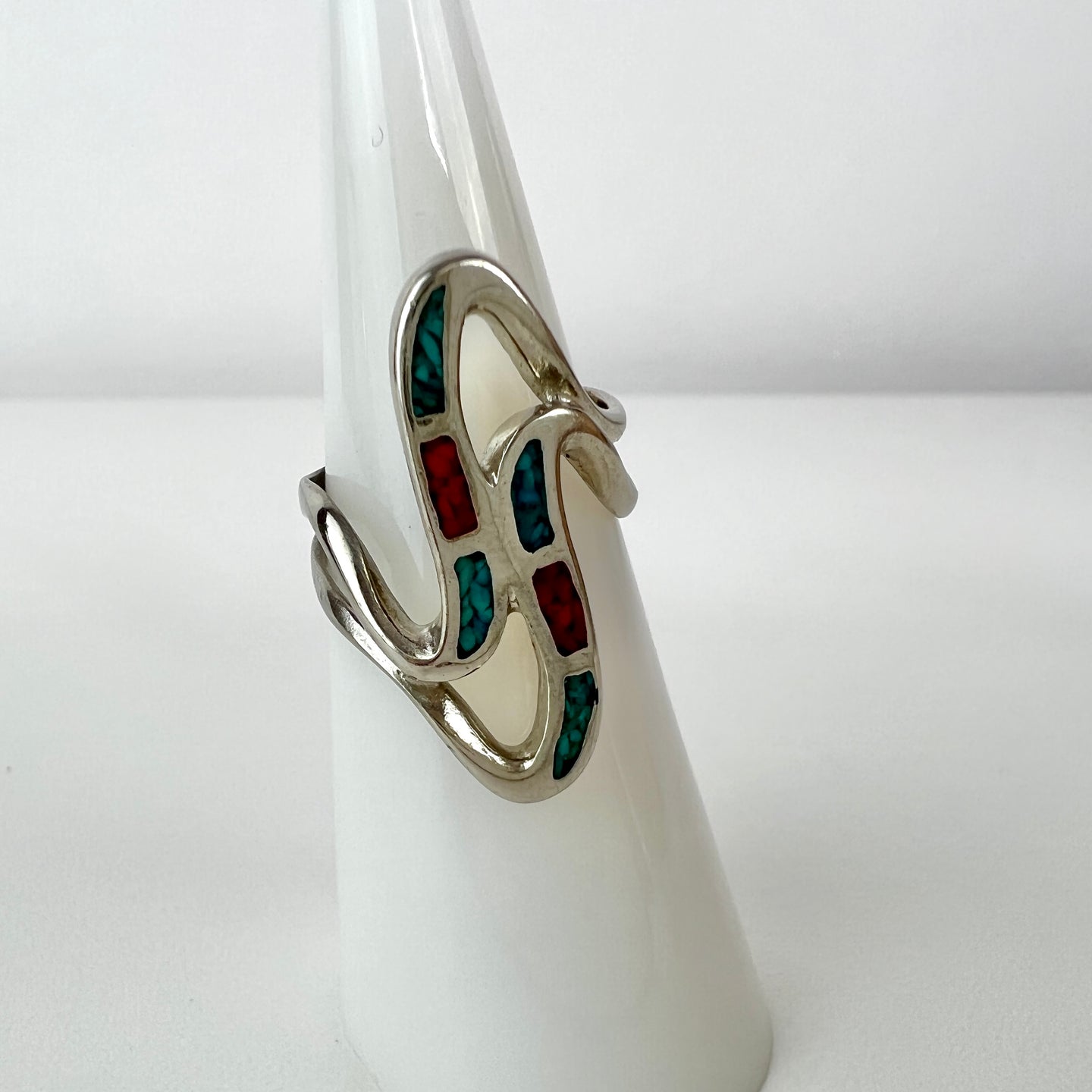 Wave Ring Silver Turquoise & Coral Specs Size 4.5