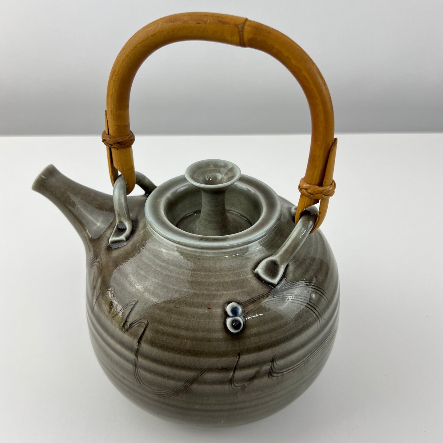 Vintage Funnel Lid Studio Art Pottery Tea Pot with Bamboo Handle Glossy Gray