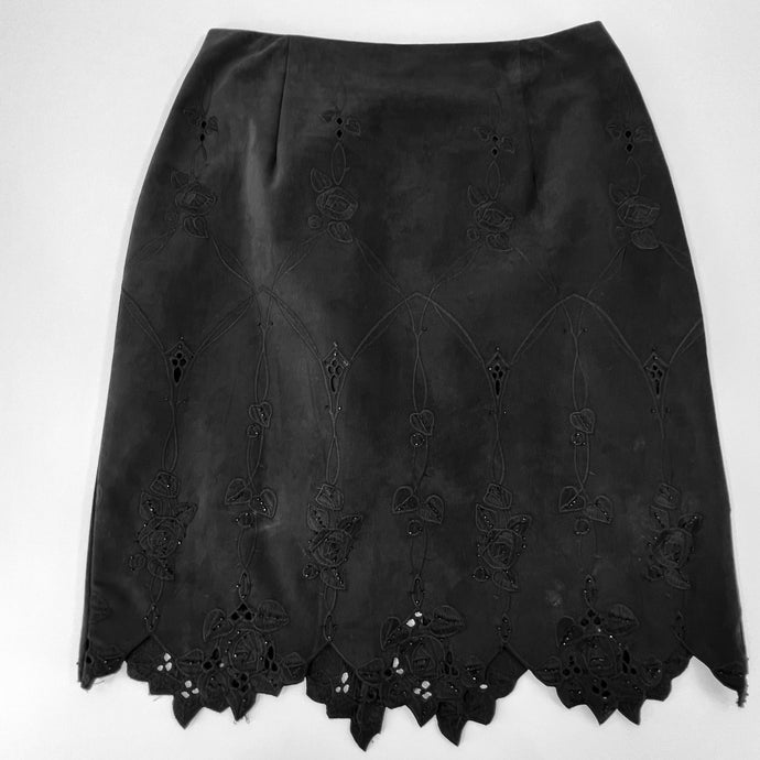 Vintage Faux Suede Black Embroidered & Beaded Skirt Size 8