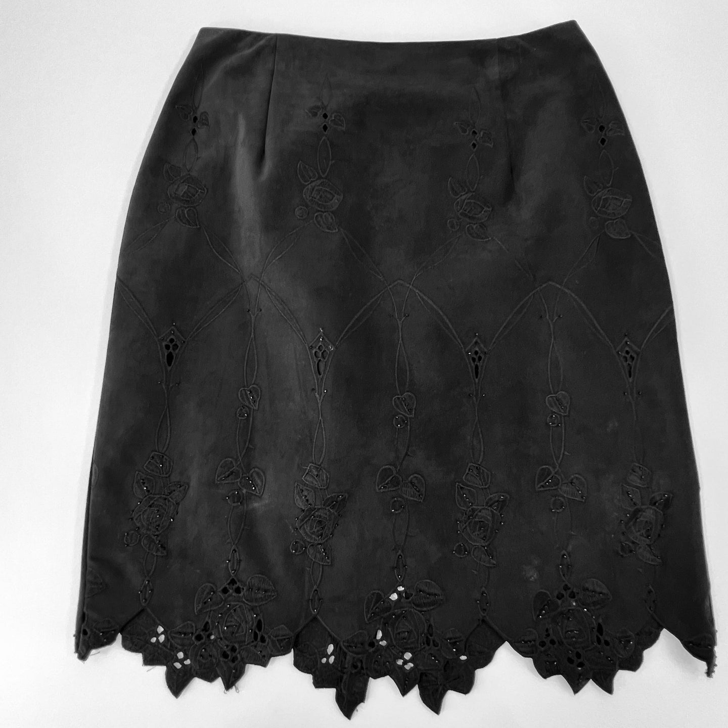 VTG Faux Suede Black Embroidered & Beaded Skirt Size 8