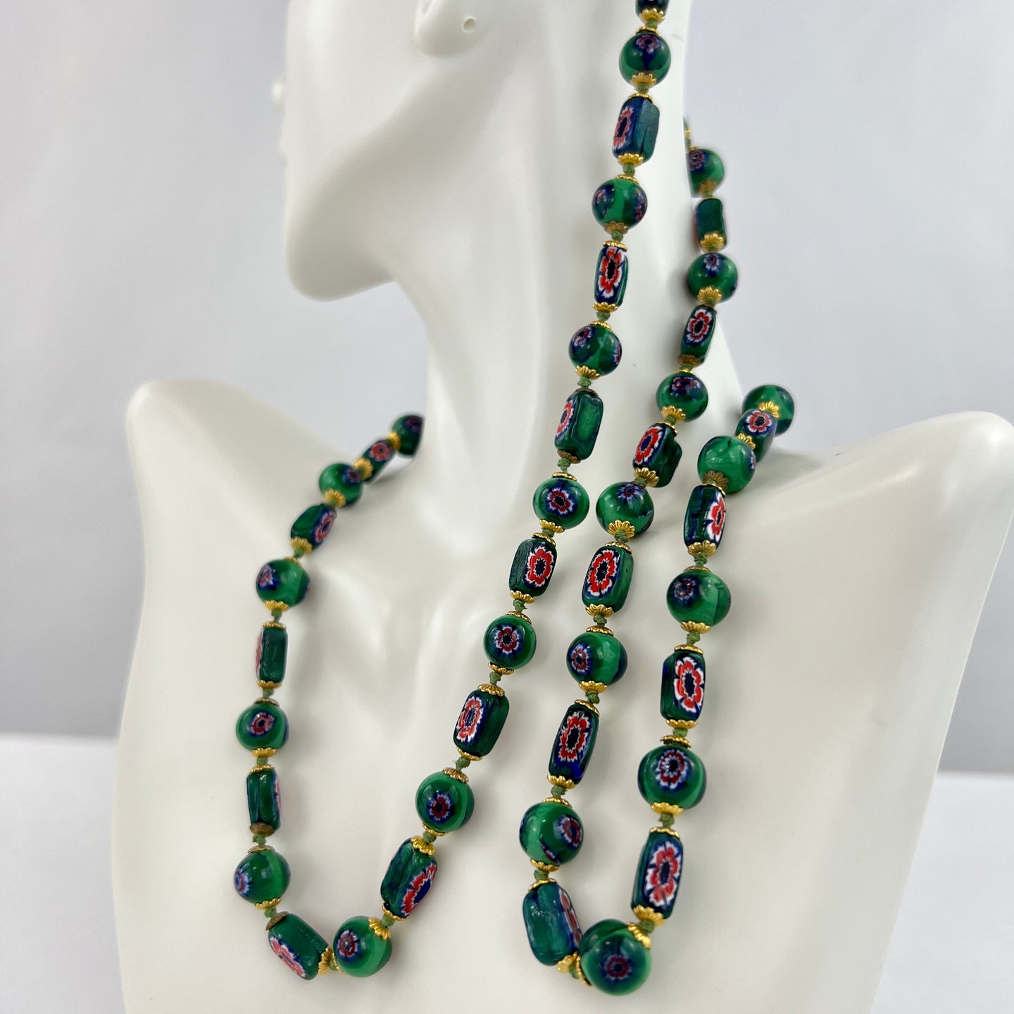 VTG Millefiori Knotted Glass Bead Necklace with Gold Filigree