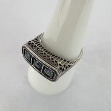 Load image into Gallery viewer, Vintage Sterling Silver Filigree Ring with 3 Blue Stones Size 8
