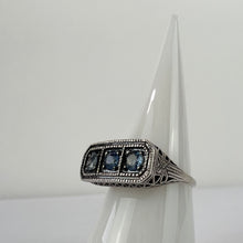 Load image into Gallery viewer, Vintage Sterling Silver Filigree Ring with 3 Blue Stones Size 8
