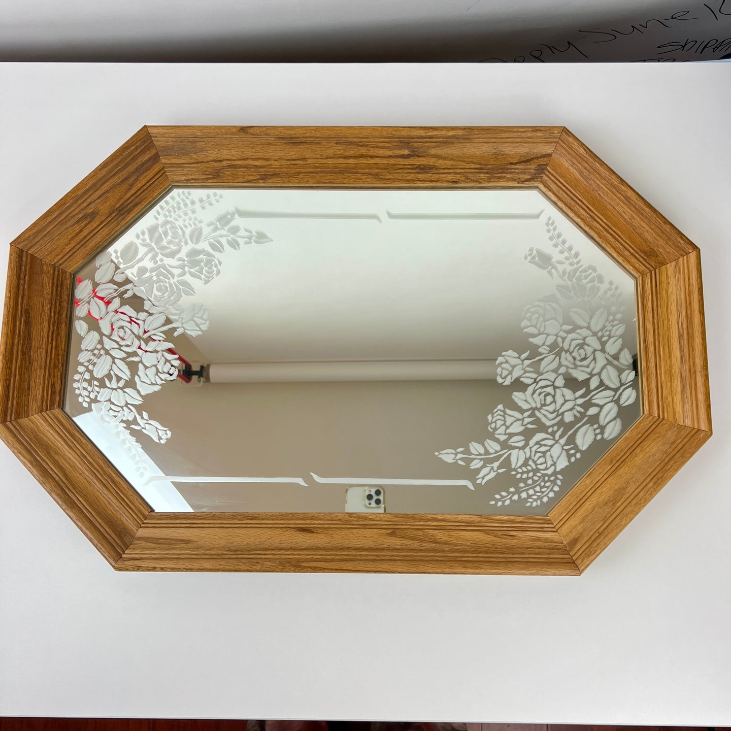 Vintage Oak Framed Etched Mirror