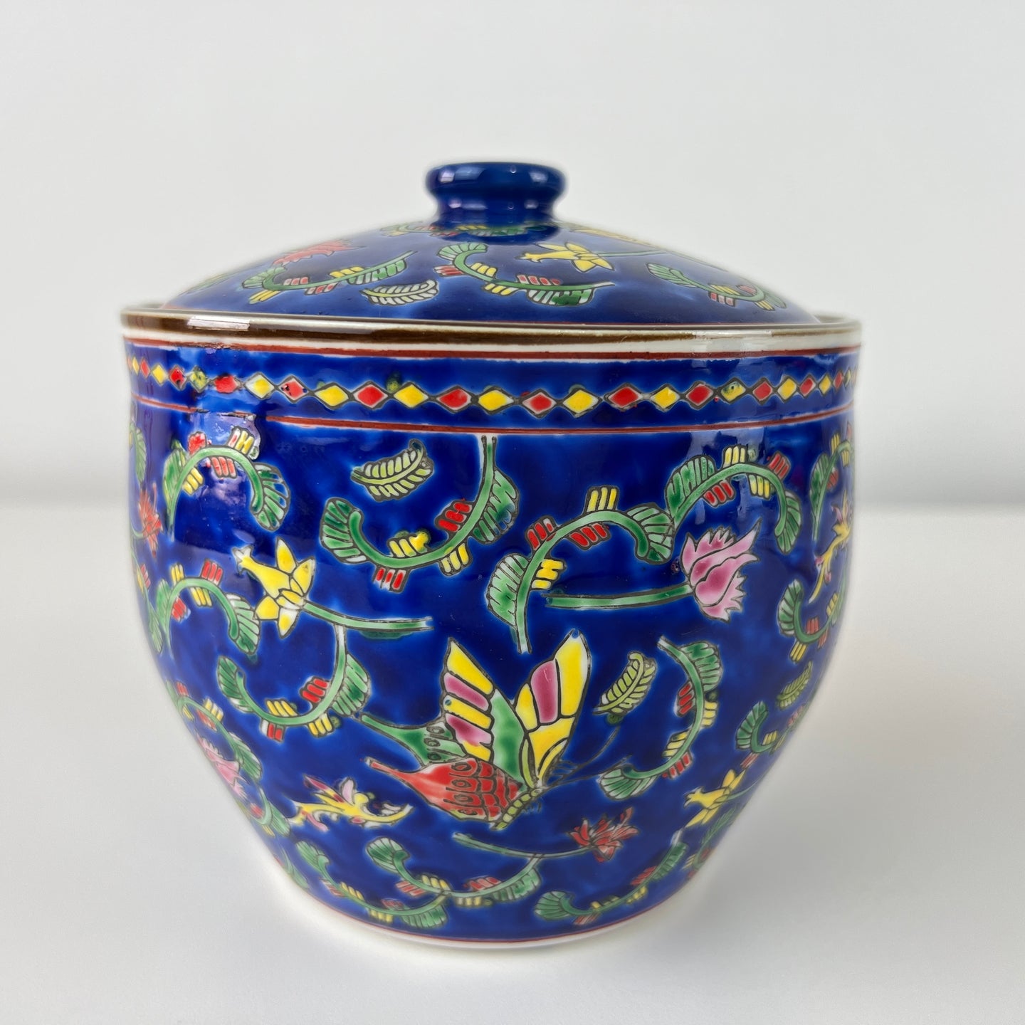 Vintage Bone China Jar & Lid with Butterflies & Flowers