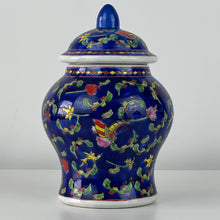 Load image into Gallery viewer, Vintage Blue Ground Bone China Ginger Jar with flowers &amp; butterflies. Etched &amp; Hand-Painted design. Makers mark on bottom. 7&quot; Tall x 5&quot; Wide. Ginger Jar.
