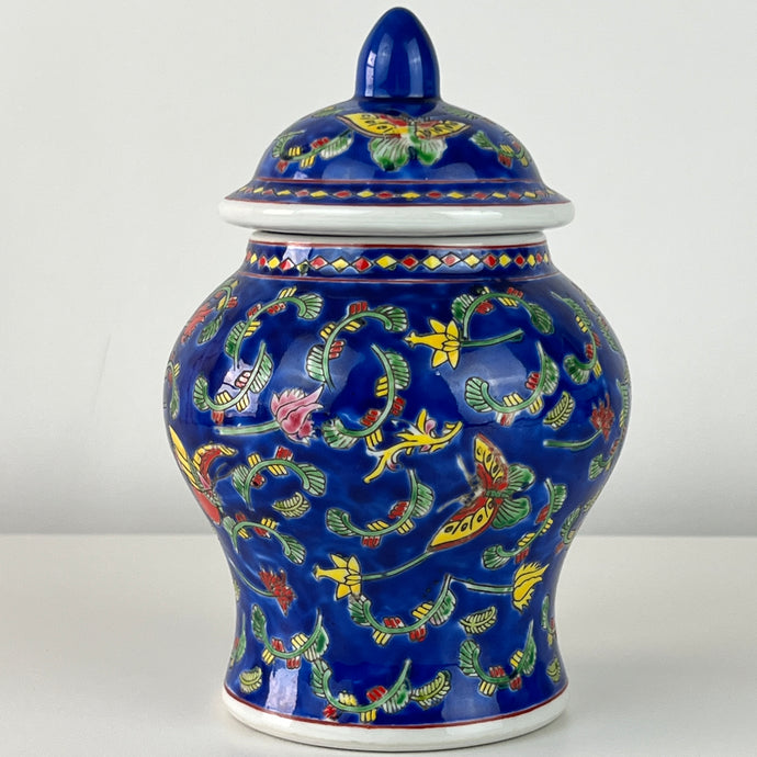 Vintage Blue Hand-painted Ginger Jar with Butterflies 1950s